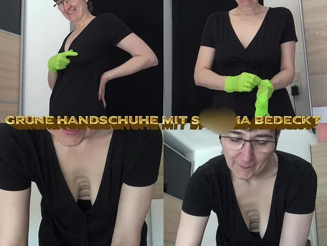 Grüne Handschuhe mit Sperma bedeckt