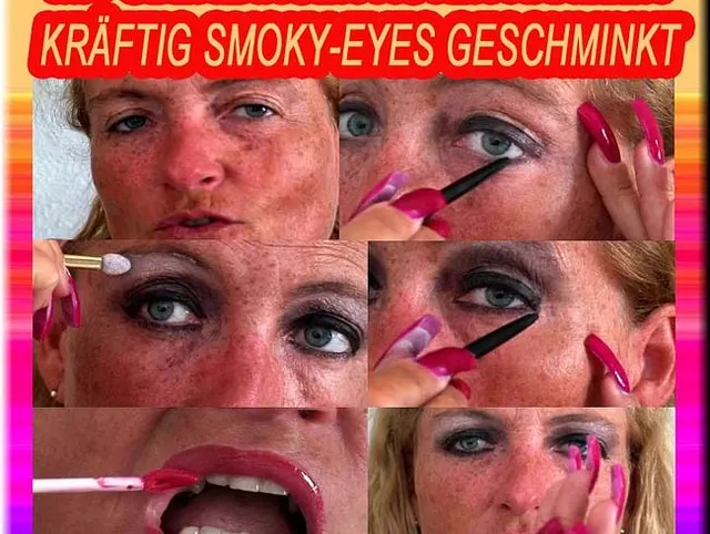 Mit ueberlangen roten Krallen kraeftig SMOKEY-EYES geschminkt