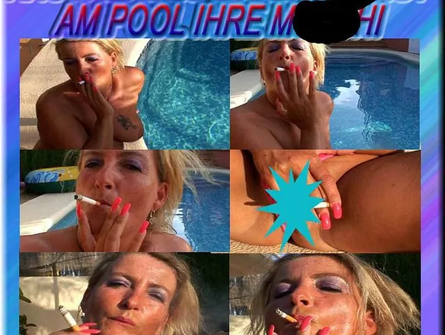 Rauchendes Luder wichst am Pool ihre Muschi