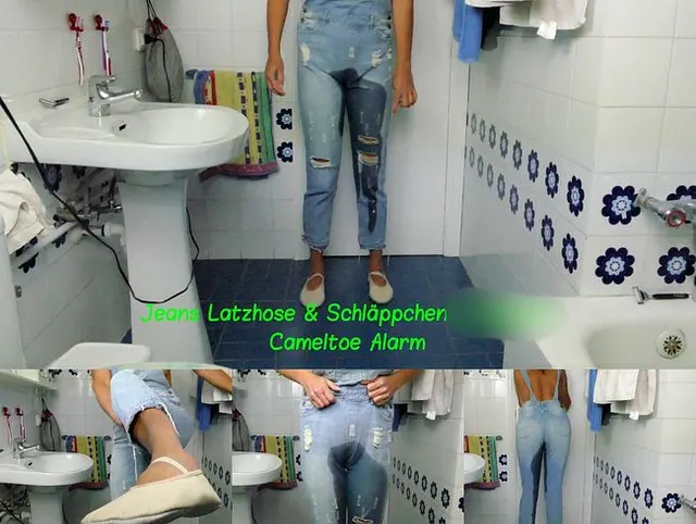 Jeans Latzhose und Schläppchen eingenässt, Cameltoe Alarm